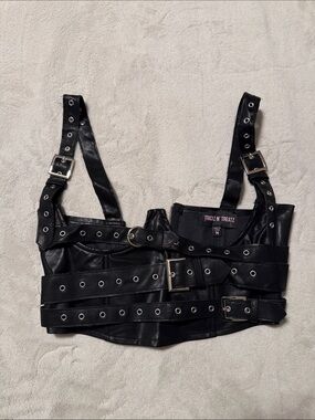 Trickz N Treatz Black Faux Leather Buckle Crop Top